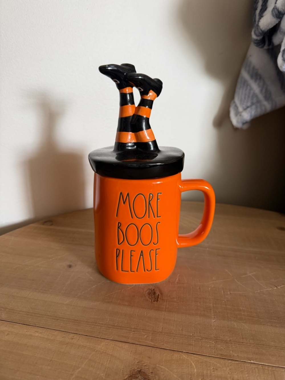 Rae Dunn Orange & Black "MORE BOOS PLEASE" Halloween Mug with Witch Legs Lid